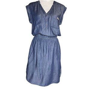 Timeout Women's Bamboo Blend Denim Gathered Waist Button up Vneck Midi Sz 38